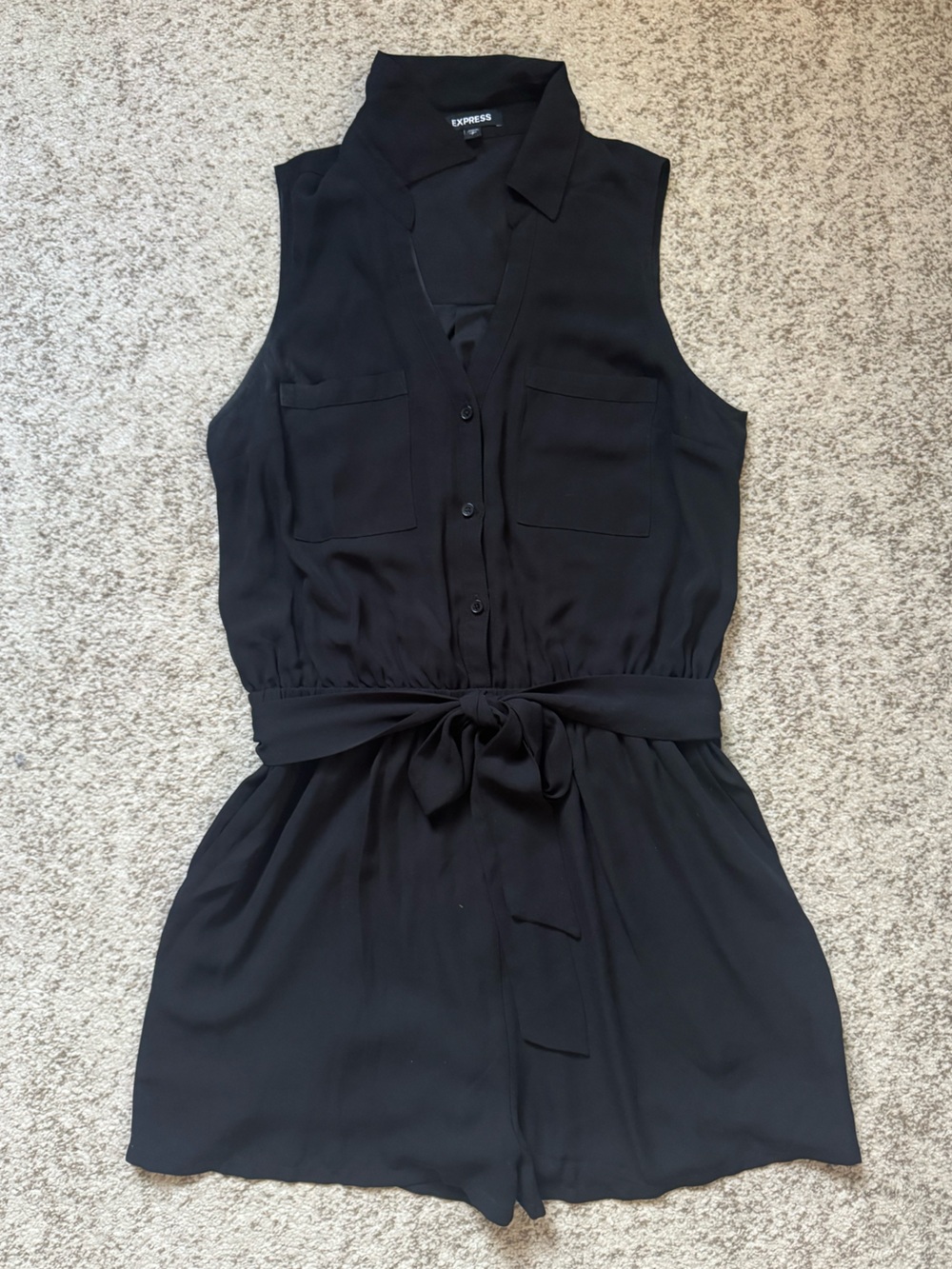 Express Black Sleeveless Tie-Waist Romper with Collar
